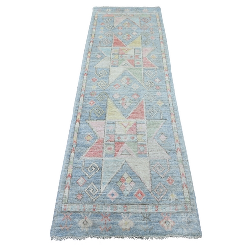 Beau Blue, Anatolian Village Inspired Design with Geometric Pattern, Hand Knotted, Pure Wool, Vegetable Dyes, Runner, Oriental 