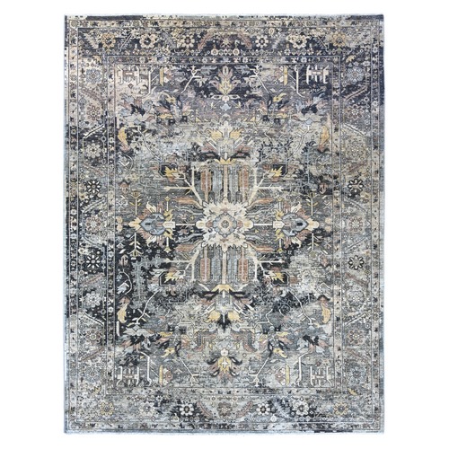 Charcoal Black with Gold, Broken and Erased Serapi Heriz Design, Aryana Grade, High Mountain Shiny Afghan Wool, Hand Knotted, Oriental Rug