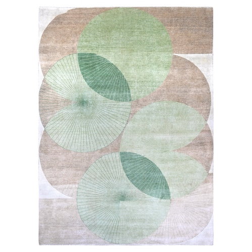 Pistachio Green, Mid Century Circular Contemporary Design, 100% High Mountain Wool, Hand Knotted, Oriental Rug