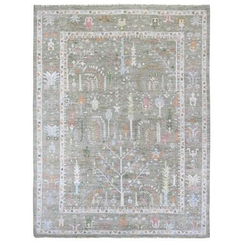 Sage Green, Afghan Angora Oushak with Willow and Cypress Tree Design, Hand Knotted, 100% Wool, Vegetable Dyes, Oriental 