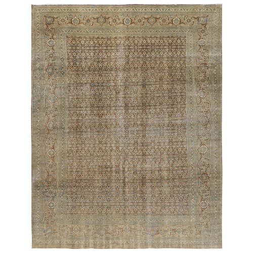 Burro Brown, Distressed and Washed Out, Antique Persian Haja Jalili Tabriz with All Over Fish Mahi Design, Intricate Pattern with Earth Tone Colors, Hand Knotted, 100% Wool, Oriental 