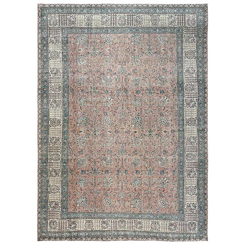 Salmon Pink, Antique Persian Tabriz with All Over Design, Sheared Low, Distressed, Hand Knotted, 100% Wool, Oversized, XL, Oriental 