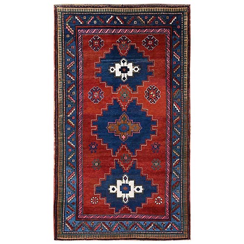 Crimson Red, Antique Caucasian Kazak with Geometric Medallions, Good Condition and Restoration, Hand Knotted, 100% Wool, Oriental 
