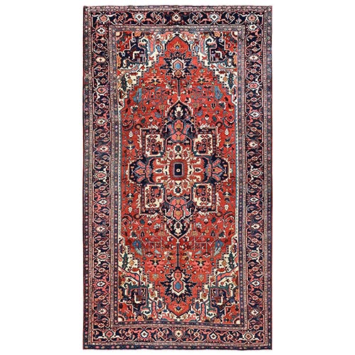 Rust Red, Antique Persian Heriz with Flower Medallion, Very Good Condition, Soft and Clean, Long and Narrow, Hand Knotted, 100% Wool, Oriental 