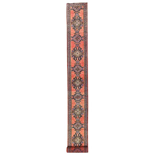 Peach Color, Antique Turkish Oushak with Tribal Motifs, Clean, Very Good Condition, Hand Knotted, 100% Wool, Extra Long Runner, Oriental 