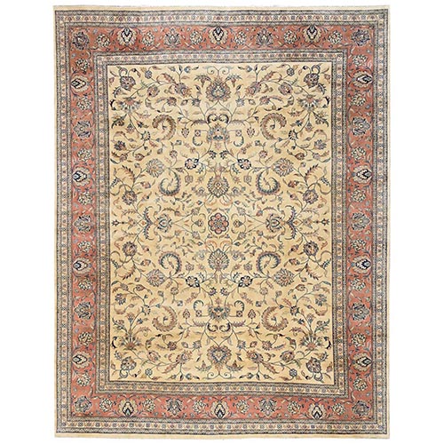 Beige, New Indo Kashan with All Over Floral Design, 200 KPSI, Thick and Plush, Hand-Knotted, Organic Wool, Fine Oriental 