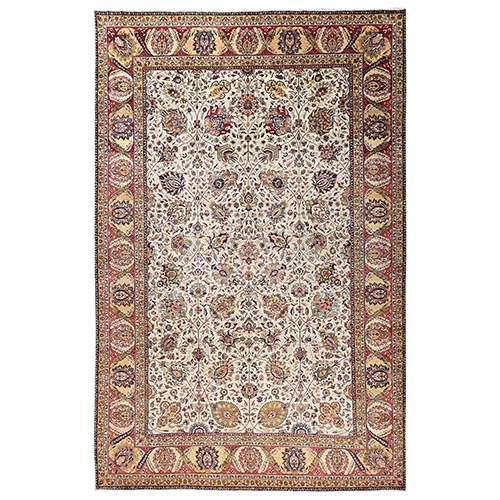 Pearl White, New Indo Tabriz with All Over Design, Hand Spun Wool, Sheared Low, 200 KPSI, Hand Knotted, XL, Oversized, Fine Oriental 