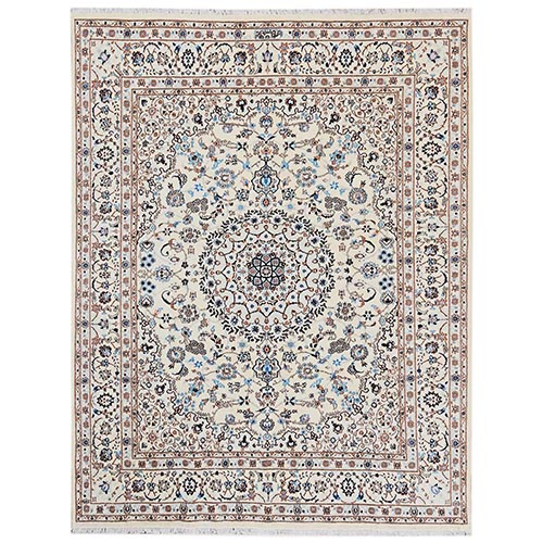 Cream White, Pak Persian Nain with Flower Medallion Design, Wool and Silk, Hand Knotted, 250 KPSI, Oriental 