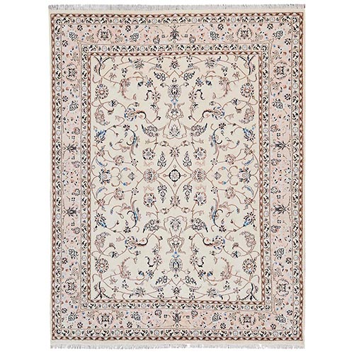 Pearl White, Pak Persian Nain with All Over Flower and Vine Design, Wool and Silk, Hand Knotted, 250 KPSI, Oriental 