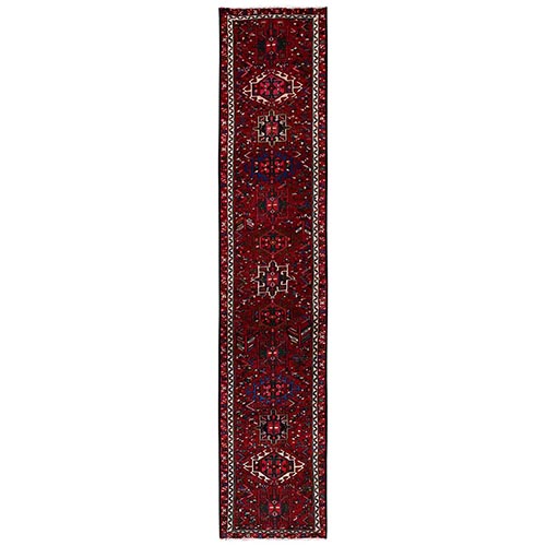 Scarlet Red, New Persian Karajeh with Geometric Medallions, 100% Wool, Hand Knotted, Full Pile, Narrow Runner, Oriental 