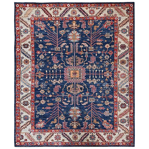 Yale Blue, Afghan Peshawar with Heriz All Over Design, Hand Knotted, Soft Wool, Densely Woven, Oriental 
