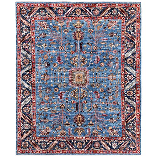 Marlin Blue, Afghan Peshawar with Heriz All Over Design, Hand Knotted, Soft Wool, Densely Woven, Oriental 