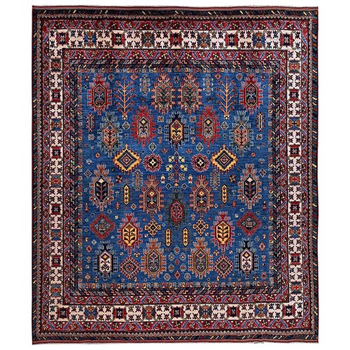 Cobalt Blue, Hand Knotted, Afghan Ersari with Turkish Knot, Antique Caucasian Motif, Vegetable Dyes, Densely Woven, Soft and Velvety Wool, Square, Oriental 