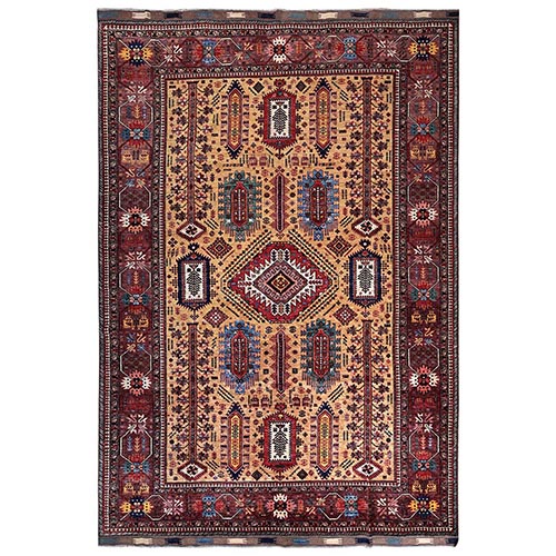 Soybean Yellow, Afghan Ersari with Turkish Knot, Antique Caucasian Motif, Vegetable Dyes, Densely Woven, Hand Knotted, Soft and Velvety Wool, Oriental 
