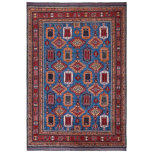 Bayern Blue, Afghan Ersari with Turkish Knot, Antique Caucasian Motif, Vegetable Dyes, Densely Woven, Hand Knotted, Soft and Velvety Wool, Oriental 