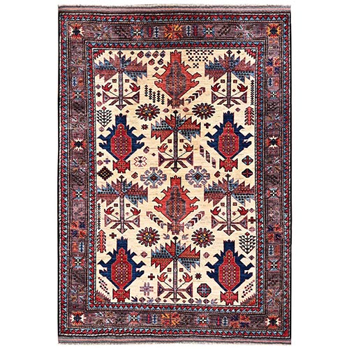 Chiffon White, Afghan Ersari with Turkish Knot, Antique Caucasian Motif, Vegetable Dyes, Densely Woven, Hand Knotted, Soft and Velvety Wool, Oriental 