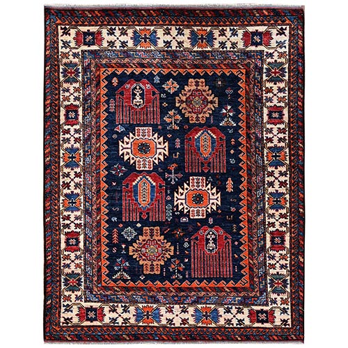 Yale Blue, Afghan Ersari with Turkish Knot, Antique Caucasian Motif, Vegetable Dyes, Densely Woven, Hand Knotted, Soft and Velvety Wool, Oriental 