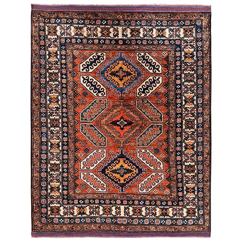Burnt Orange, Afghan Ersari with Turkish Knot, Antique Caucasian Motif, Vegetable Dyes, Densely Woven, Hand Knotted, Soft and Velvety Wool, Oriental 