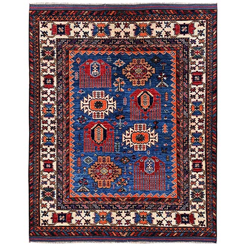 Cobalt Blue, Hand Knotted, Afghan Ersari with Turkish Knot, Antique Caucasian Motif, Vegetable Dyes, Densely Woven, Soft and Velvety Wool, Oriental 