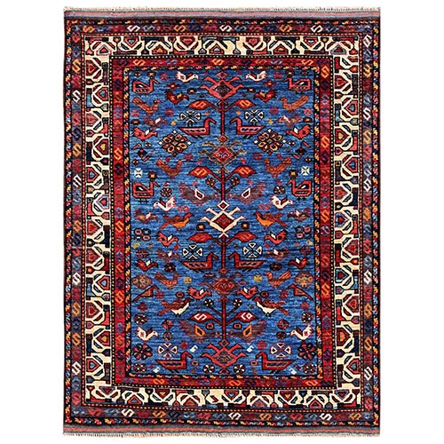 Bayern Blue, Afghan Ersari with Turkish Knot, Bird Figurines, Vegetable Dyes, Densely Woven, Hand Knotted, Soft and Velvety Wool, Oriental Rug