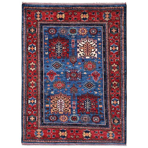 Imperial Blue, Afghan Ersari with Turkish Knot, Antique Caucasian Motif, Vegetable Dyes, Densely Woven, Hand Knotted, Soft and Velvety Wool, Squarish, Oriental Rug