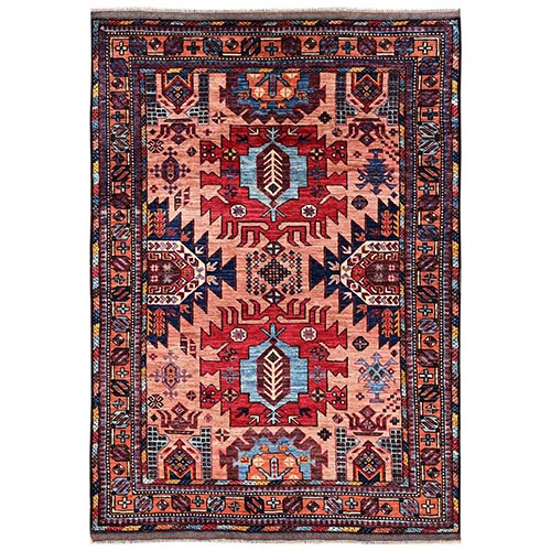 Peach Color, Hand Knotted, Afghan Ersari with Turkish Knot, Antique Caucasian Motif, Vegetable Dyes, Densely Woven, Soft and Velvety Wool, Oriental Rug