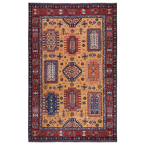 Mustard Yellow, Hand Knotted, Afghan Ersari with Turkish Knot, Antique Caucasian Motif, Vegetable Dyes, Densely Woven, Soft and Velvety Wool, Oriental 