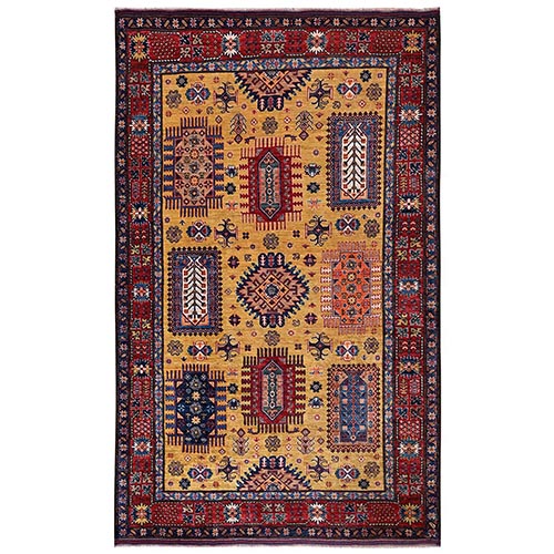 Mustard Yellow, Afghan Ersari with Turkish Knot, Antique Caucasian Motif, Vegetable Dyes, Densely Woven, Soft and Velvety Wool, Oriental 