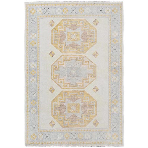 Bone White, Cloudbank Kazak with Turkish Knot, Sheared Low, Zero Pile, Hand Knotted, Pure Wool, Oriental 
