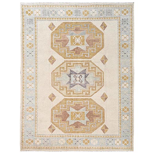 Bone White, Cloudbank Kazak with Turkish Knot, Sheared Low, Zero Pile, Hand Knotted, Pure Wool, Oriental 