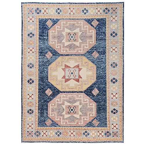 Yale Blue, Cloudbank Kazak with Turkish Knot, Sheared Low, Zero Pile, Hand Knotted, Pure Wool, Oriental 