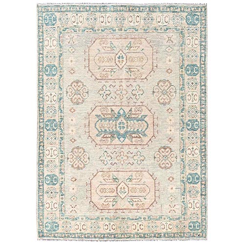 Oyster Gray, Cloudbank Kazak with Turkish Knot, Sheared Low, Zero Pile, Hand Knotted, Pure Wool, Oriental 