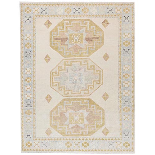 Bone White, Cloudbank Kazak with Turkish Knot, Sheared Low, Zero Pile, Hand Knotted, Pure Wool, XL, Oversized, Oriental 