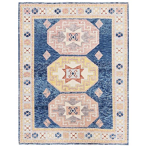 Yale Blue, Cloudbank Kazak with Turkish Knot, Sheared Low, Zero Pile, Hand Knotted, Pure Wool, Oriental 