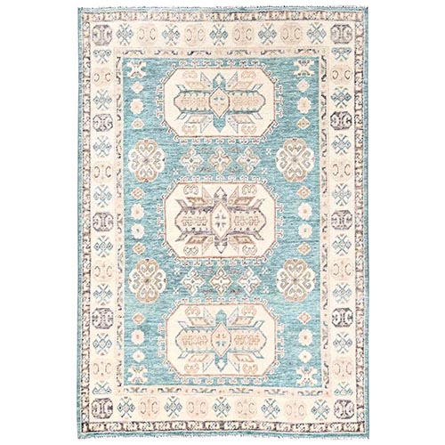 Teal Blue, Cloudbank Kazak with Turkish Knot, Sheared Low, Zero Pile, Hand Knotted, Pure Wool, Oriental 