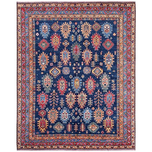 Yale Blue, Afghan Ersari with Turkish Knot, Antique Caucasian Motif, Vegetable Dyes, Densely Woven, Hand Knotted, Soft and Velvety Wool, Oriental Rug