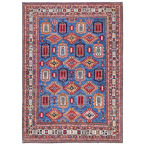 Marlin Blue, Hand Knotted, Afghan Ersari with Turkish Knot, Antique Caucasian Motif, Vegetable Dyes, Densely Woven, Soft and Velvety Wool, Oriental Rug