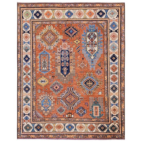 Amber Orange, Afghan Ersari with Turkish Knot, Antique Caucasian Motif, Vegetable Dyes, Densely Woven, Soft and Velvety Wool, Hand Knotted, Oriental Rug
