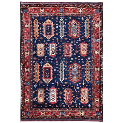 Yale Blue, Hand Knotted, Afghan Ersari with Turkish Knot, Antique Caucasian Motif, Vegetable Dyes, Densely Woven, Soft and Velvety Wool, Oriental Rug