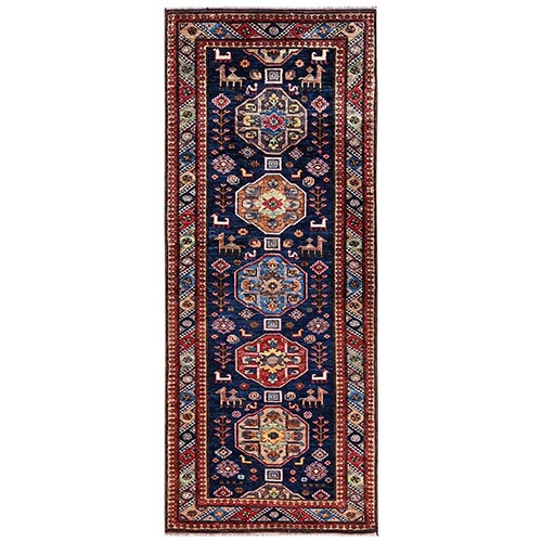 Yale Blue, Hand Knotted, Afghan Ersari with Turkish Knot, Antique Caucasian Motif, Animal Figurines, Vegetable Dyes, Densely Woven, Soft and Velvety Wool, Runner, Oriental Rug