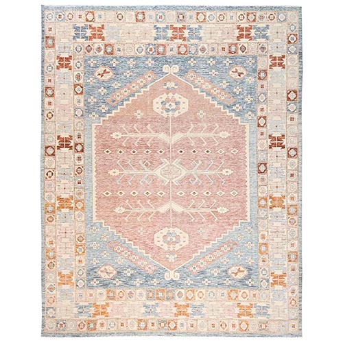 Light Blue, Zero Pile, Anatolian Village Design, Turkish Knot, Hand Knotted, Sheared Low, 100% Wool, XL, Oversized, Oriental 