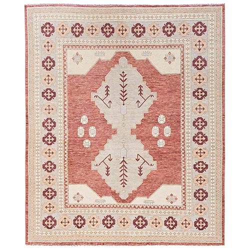 Coral Red, Anatolian Village Design, Turkish Knot, Hand Knotted, Zero Pile, Sheared Low, 100% Wool, Oriental 