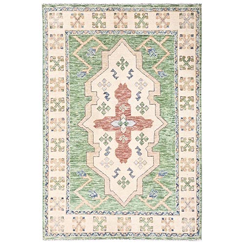 Fern Green, Anatolian Village Design, Turkish Knot, Hand Knotted, Zero Pile, Sheared Low, 100% Wool, Oriental 
