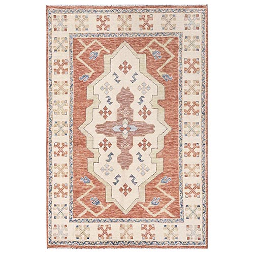 Coral Orange, Anatolian Village Design, Turkish Knot, Sheared Low, Hand Knotted, 100% Wool, Zero Pile, Oriental 