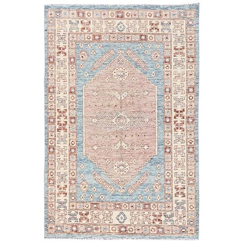 Light Blue, Anatolian Village Design, Turkish Knot, Sheared Low, Zero Pile, Hand Knotted, 100% Wool, Oriental 