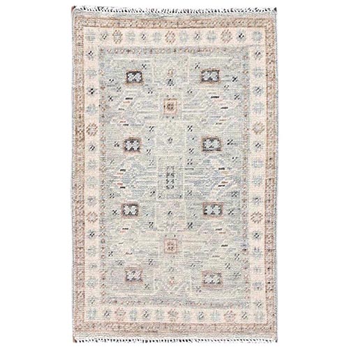 Misty Gray, Zero Pile, Anatolian Village Design, Turkish Knot, Sheared Low, Hand Knotted, 100% Wool, Sample, Mat, Oriental 
