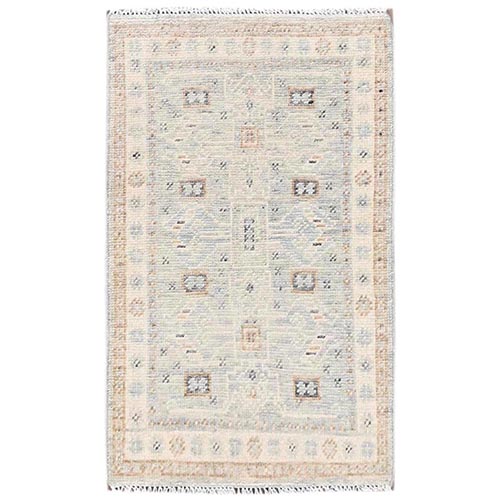 Misty Gray, Zero Pile, Anatolian Village Design, Turkish Knot, Sheared Low, Hand Knotted, 100% Wool, Sample, Mat, Oriental 