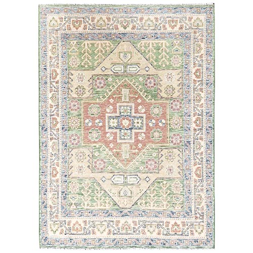 Fern Green, Anatolian Village Design, Turkish Knot, Hand Knotted, Zero Pile, Sheared Low, 100% Wool, Oriental 