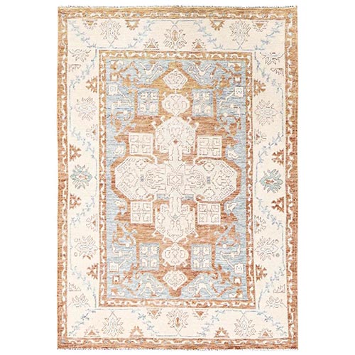 Light Blue, Anatolian Village Design, Turkish Knot, Hand Knotted, Zero Pile, Sheared Low, 100% Wool, Oriental 