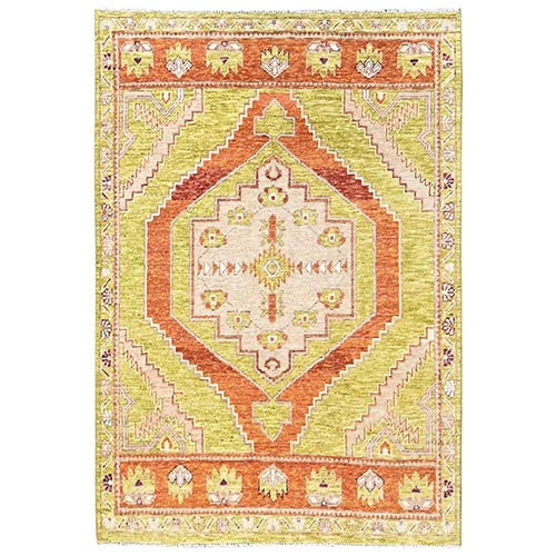 Lime Green, Anatolian Village Design, Turkish Knot, Hand Knotted, Zero Pile, Sheared Low, 100% Wool, Oriental 